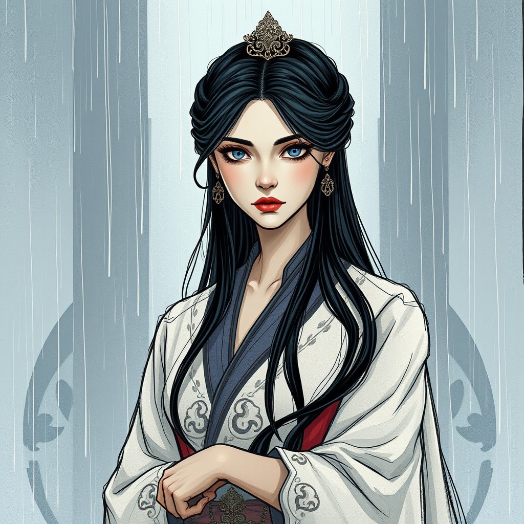 A serious empress with long black hair and striking blue eyes, standing elegantly in the rain