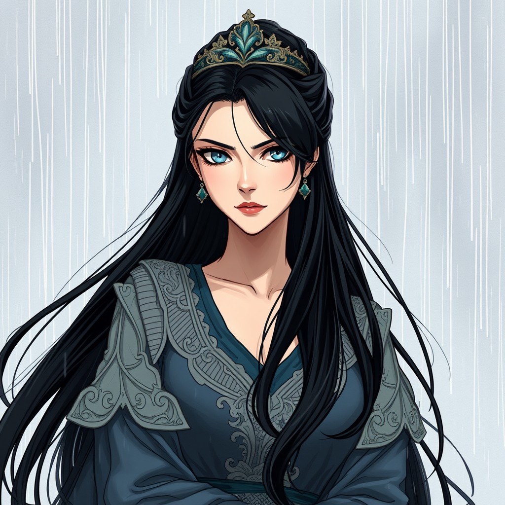A serious empress with long black hair and piercing blue eyes, standing gracefully under the rain