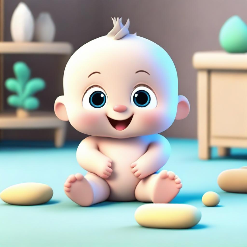 An adorable animated design of baby Archimedes sitting playfully on the floor.