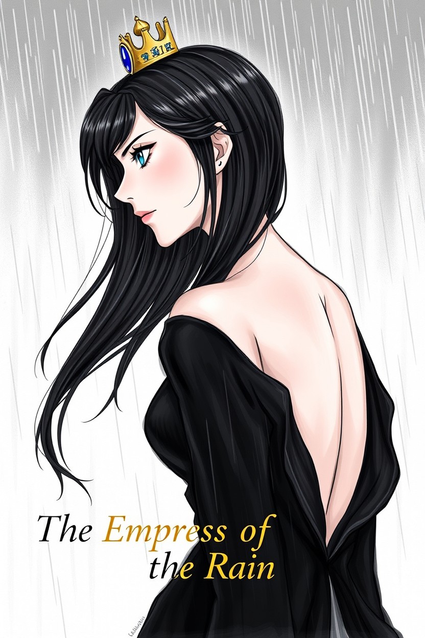 A profile portrait of an empress with long black hair and blue eyes, her expression serious