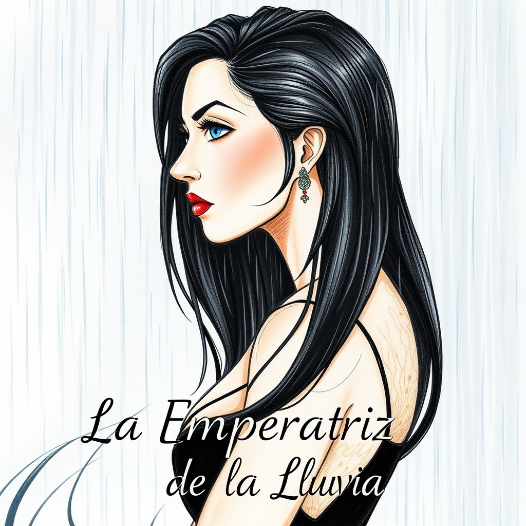 A profile portrait of an empress with long black hair and striking blue eyes, featuring a serious expression