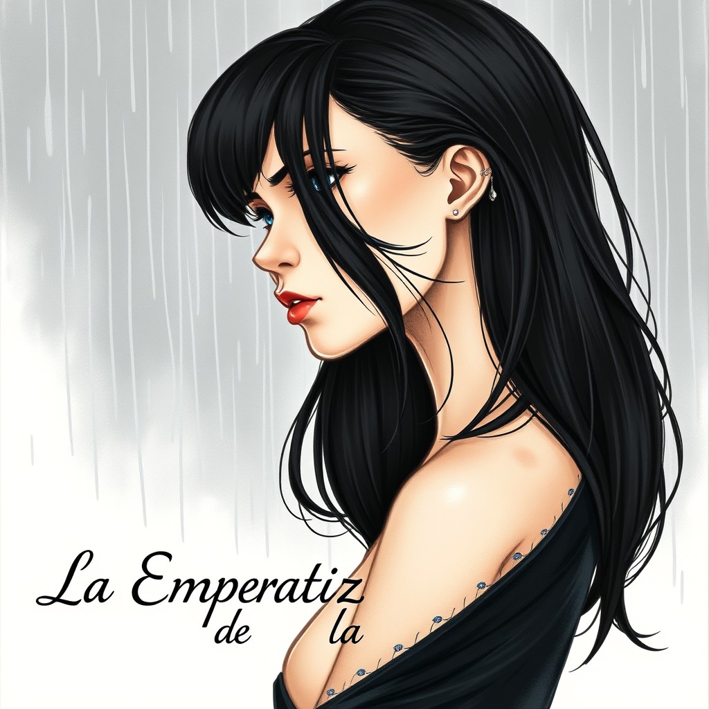A profile view of an empress with long black hair and piercing blue eyes, displaying a serious expression