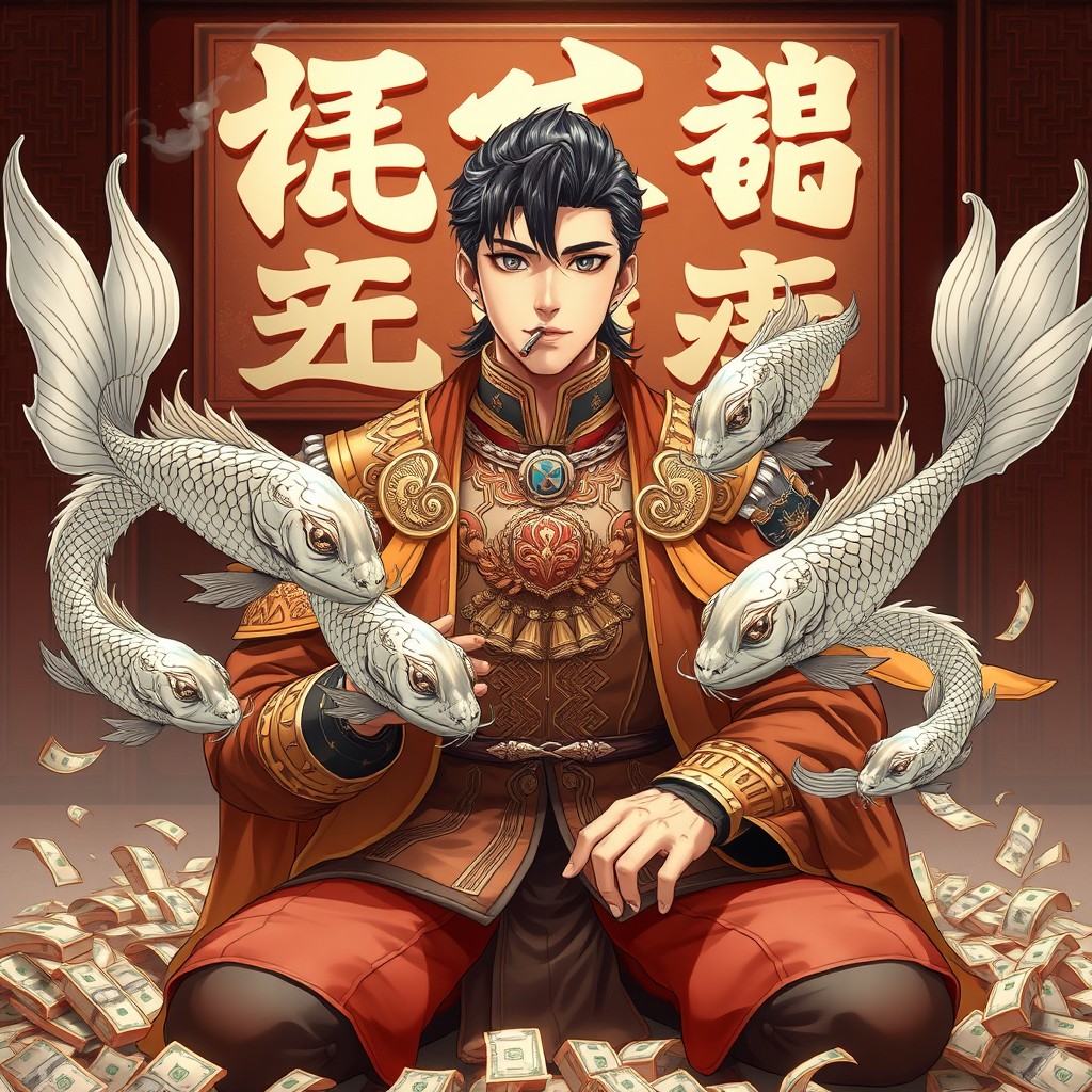 A handsome male character, styled like a Korean manga, with sleek hair and a confident expression, dressed in an elaborate outfit inspired by Guan Yu, complete with ornate armor and a flowing cape