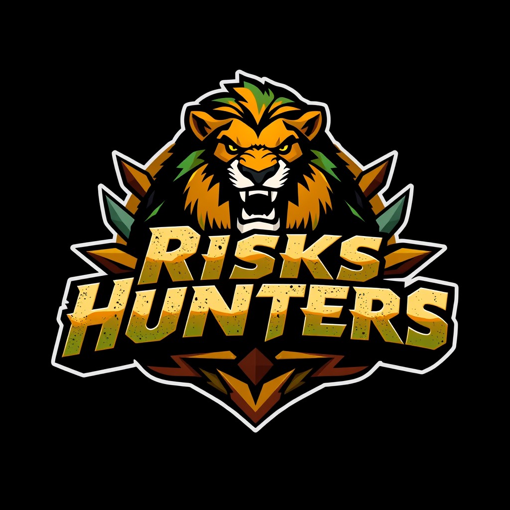 A bold and dynamic logo design for a game titled 'Risks Hunters'