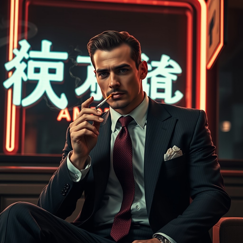 A handsome mafia figure, dressed sharply in a tailored suit, exuding an air of confidence and charisma