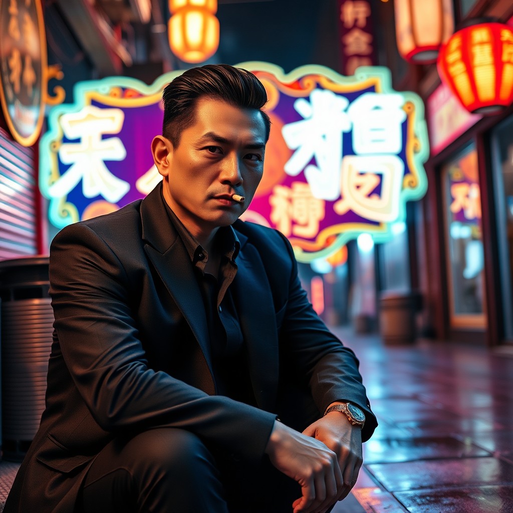 A handsome, charismatic Chinese mafia member, exuding confidence and style, sitting leisurely in front of a large, decorative neon sign that reads '大展鴻圖', with intricate designs and a vibrant backdrop