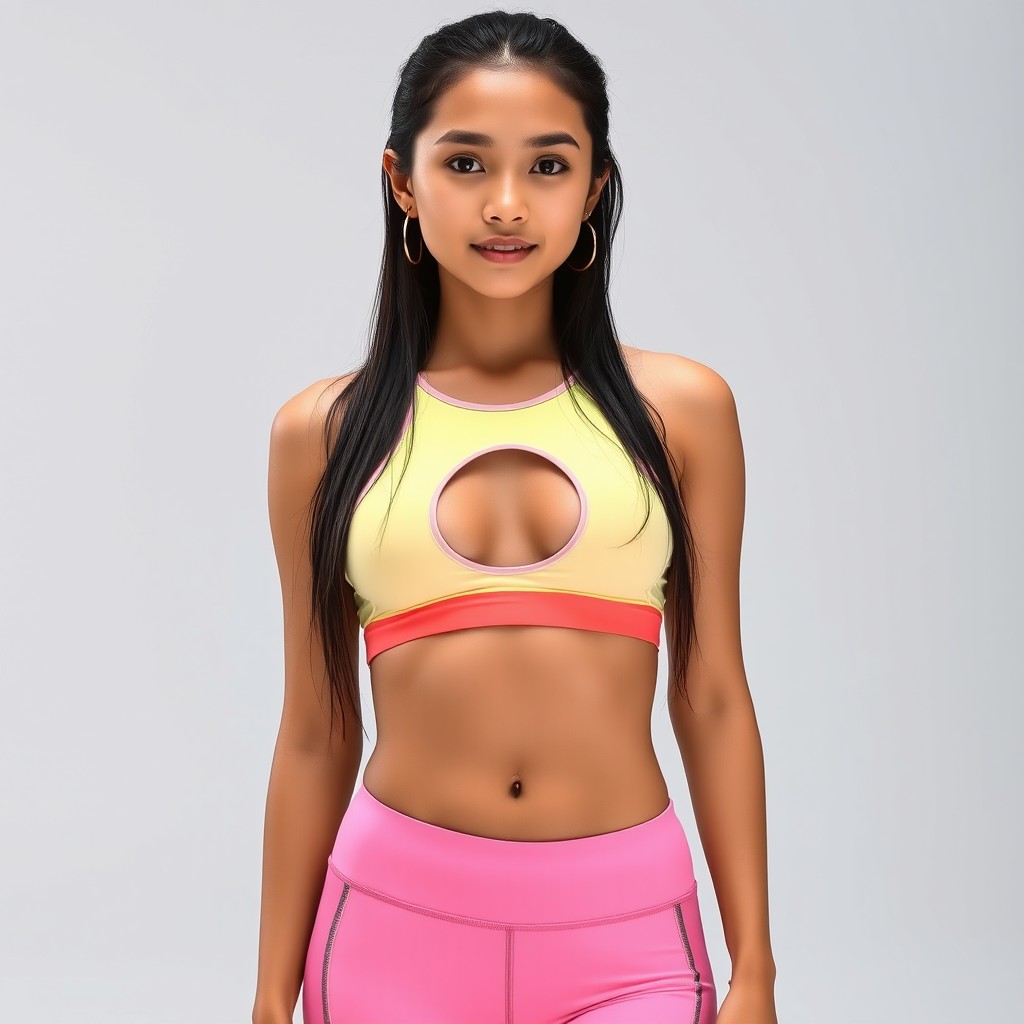 A young Indonesian woman in tight, bright sportswear with a stylish chest cutout, showcasing her fit physique