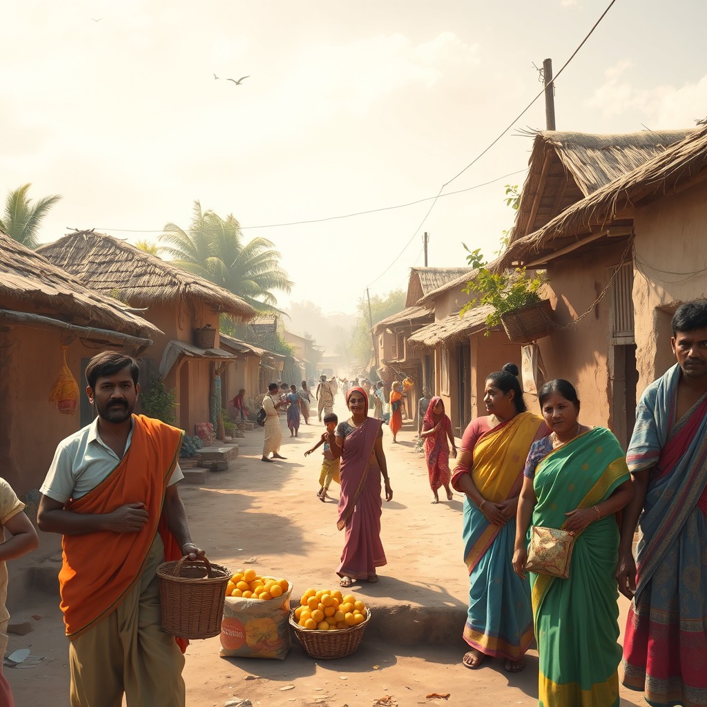 A poignant and empathetic depiction of Indian poor class life, showcasing a bustling streetscape of a vibrant village in India