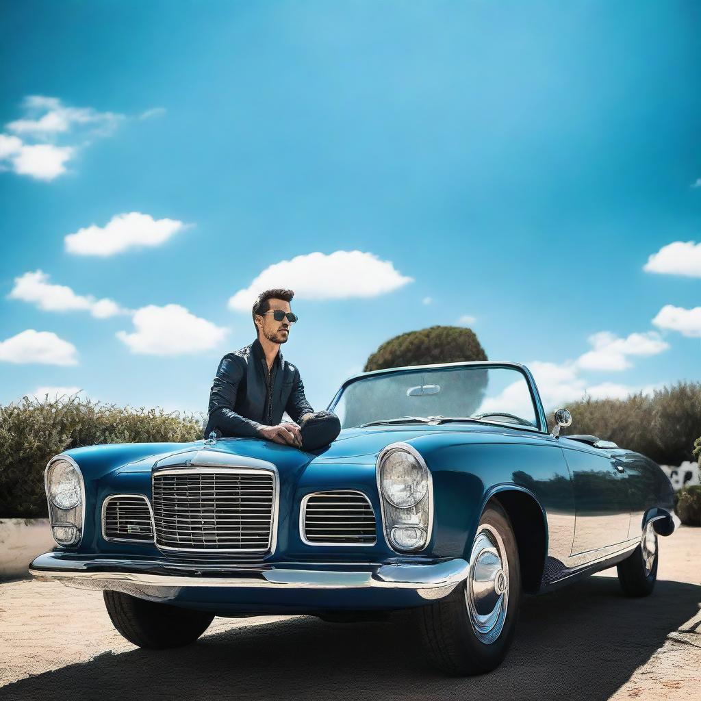 A man casually seated on the hood of a stylish, glossy car under a clear blue sky.