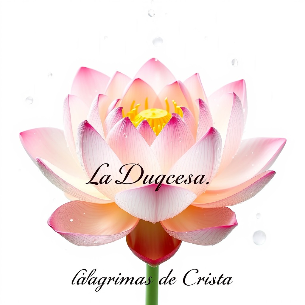An enchanting image of a lotus flower adorned with water droplets and crystal tears, set against a pristine white background