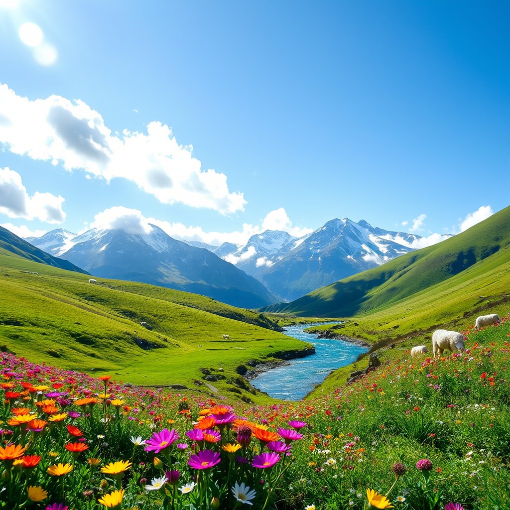 A majestic landscape featuring a lush green valley with vibrant wildflowers in full bloom, under a bright blue sky dotted with fluffy white clouds