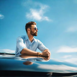 A man casually seated on the hood of a stylish, glossy car under a clear blue sky.