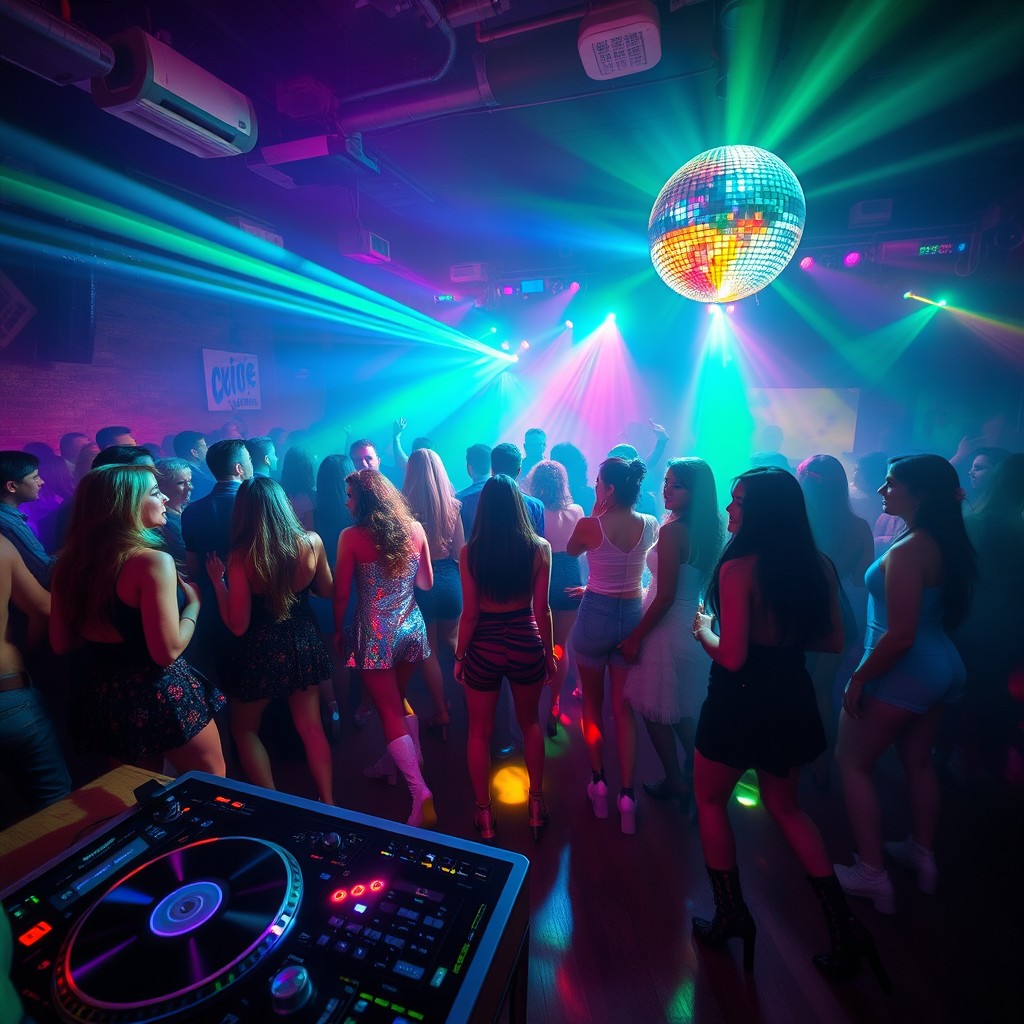 A vibrant and energetic disco party scene, filled with people dancing under colorful disco lights
