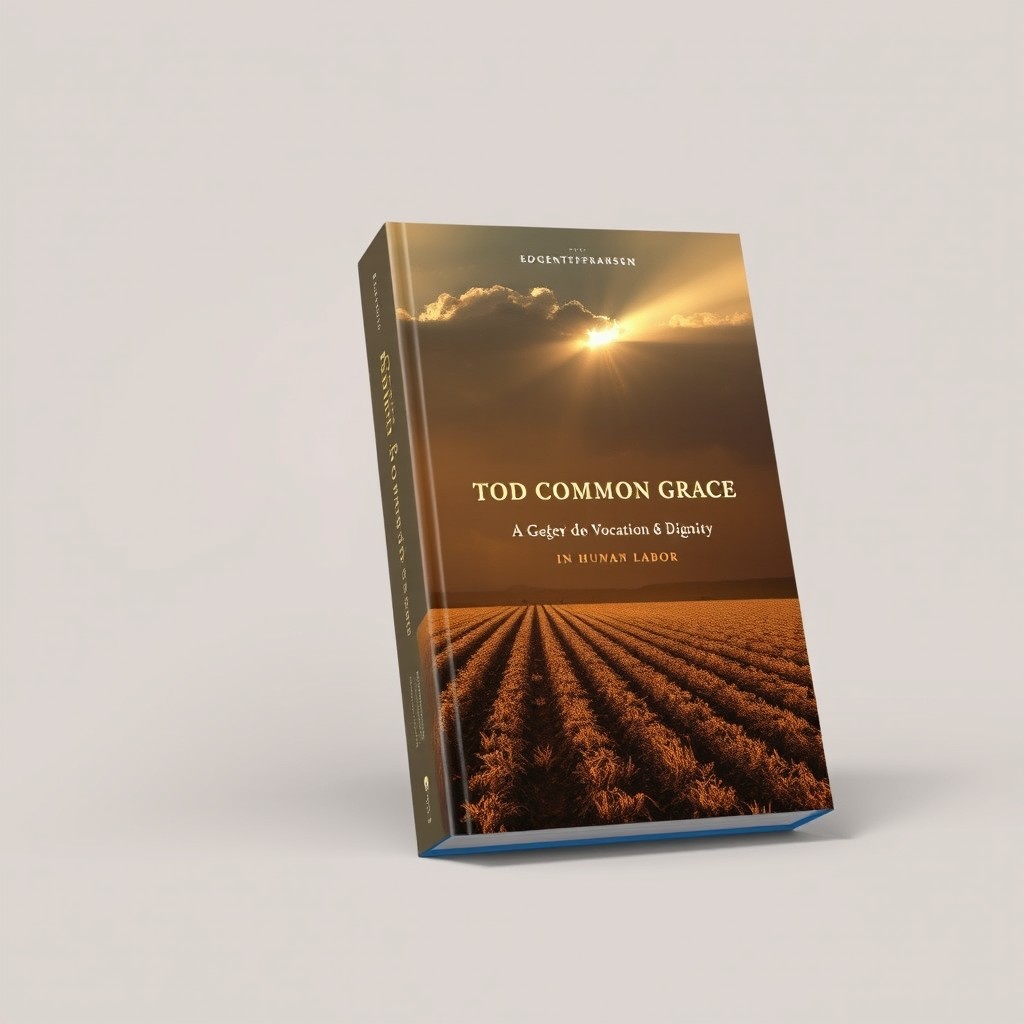A book cover featuring a single symbolic scene of a plowed field at dawn, illuminated by golden rays of sunlight piercing through clouds that gently warm the soil, symbolizing God's common grace in human labor