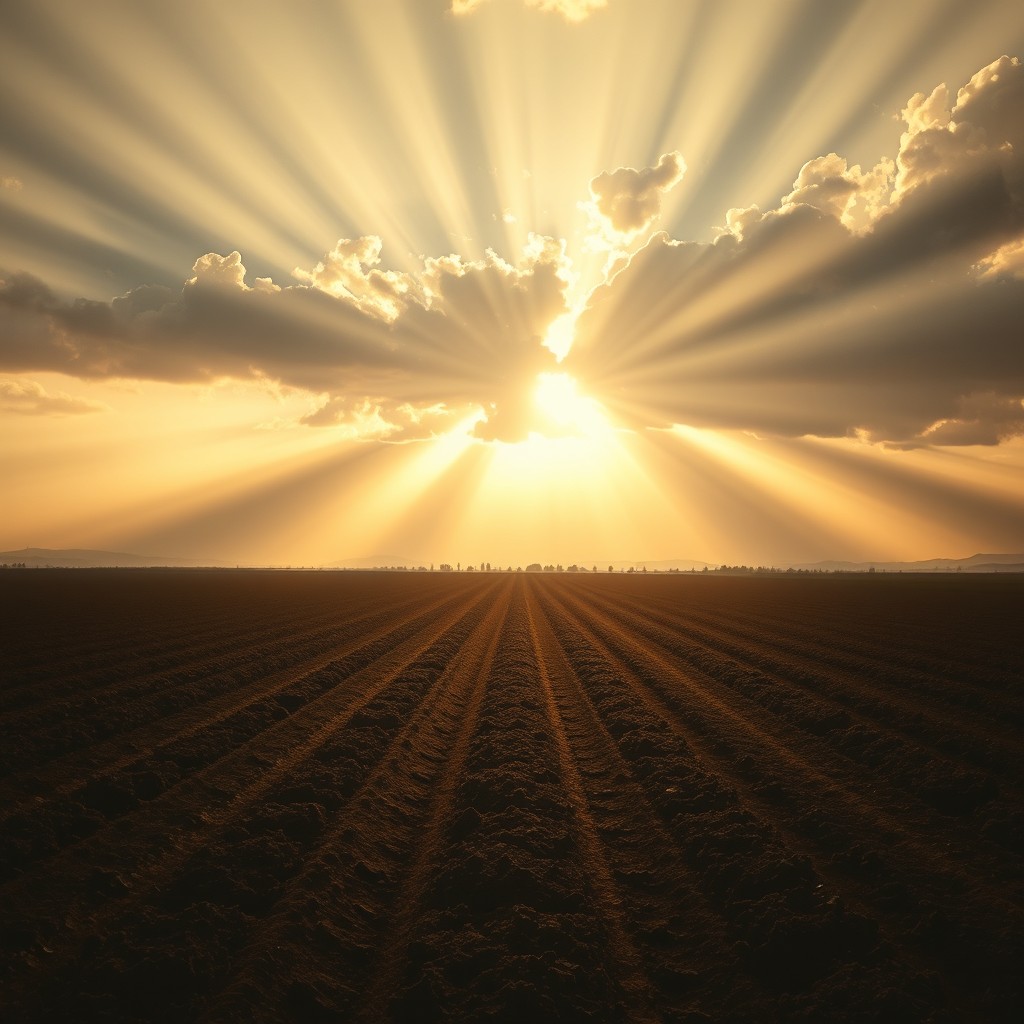 A single symbolic scene of a plowed field at dawn, captured in a realistic or semi-realistic style