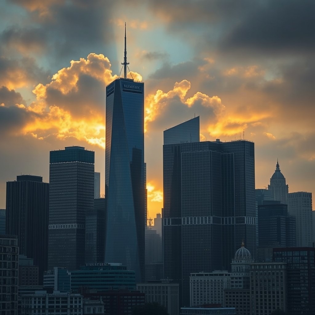 A single symbolic urban scene of a modern city at dawn, depicted in a realistic or semi-realistic style