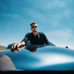 A man casually seated on the hood of a stylish, glossy car under a clear blue sky.