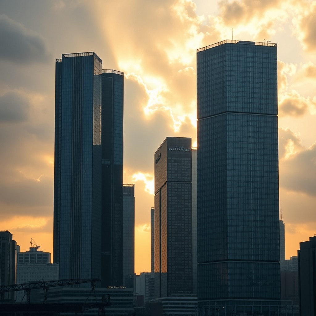 A single symbolic urban scene of a modern city at dawn, depicted in a realistic or semi-realistic style