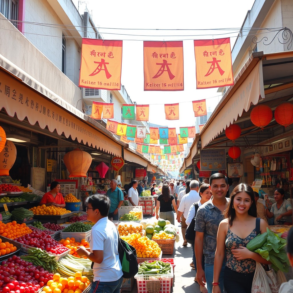 a vibrant scene of a bustling market filled with colorful stalls, vendors selling fresh fruits and vegetables, people shopping, lively atmosphere, bright banners, and decorations, various cultural elements reflecting a diverse community, sunlight filtering through the awnings, and smiles on the faces of shoppers