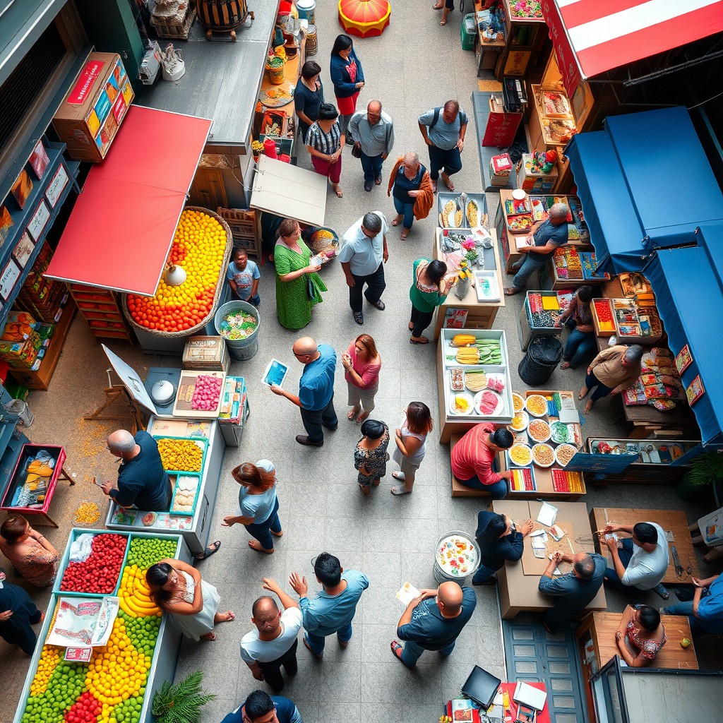 A vibrant and lively modern market scene viewed from a bird's-eye perspective, showcasing a variety of stalls and vibrant activities