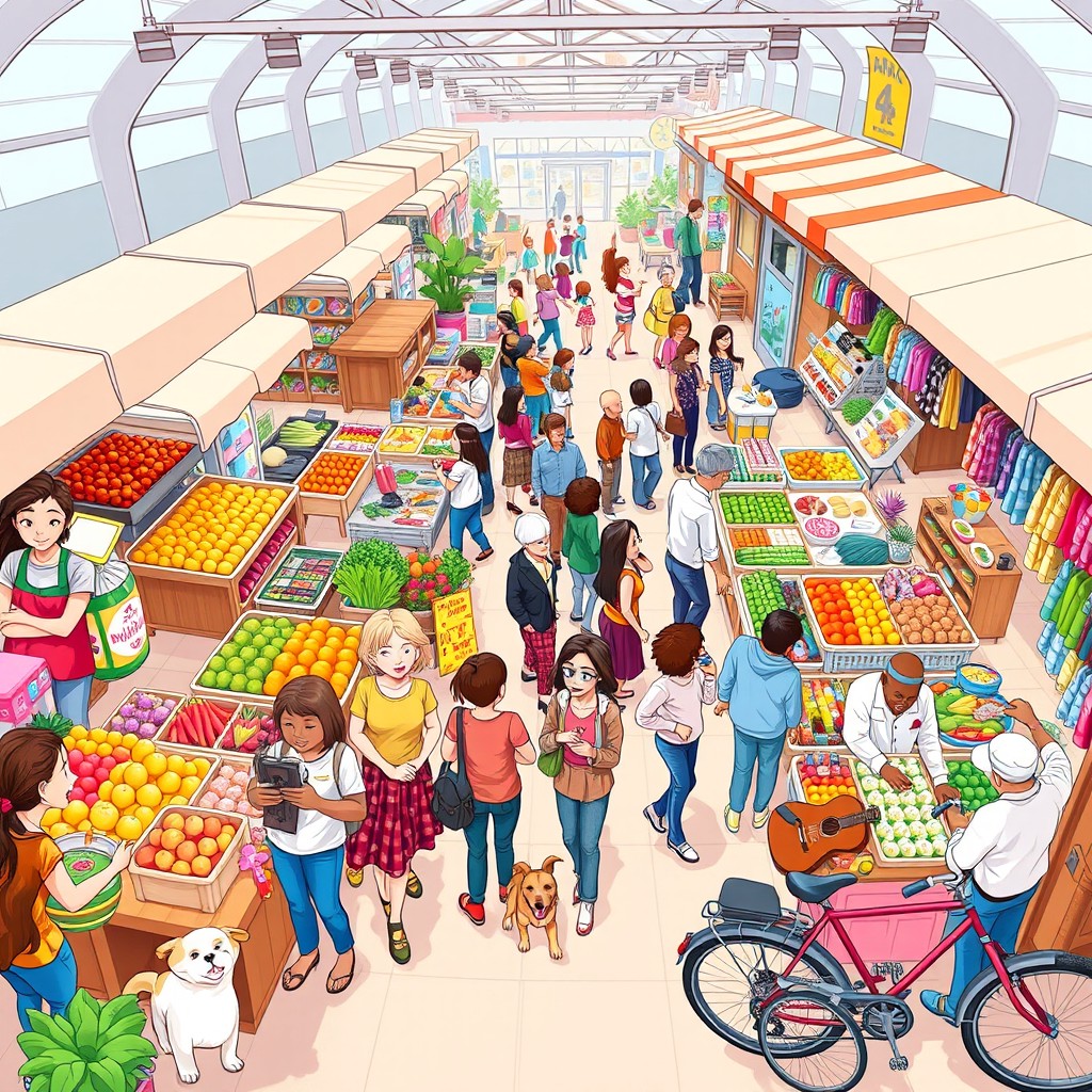 A lively cartoon scene of a modern market bustling with activity, viewed from a wide overhead angle