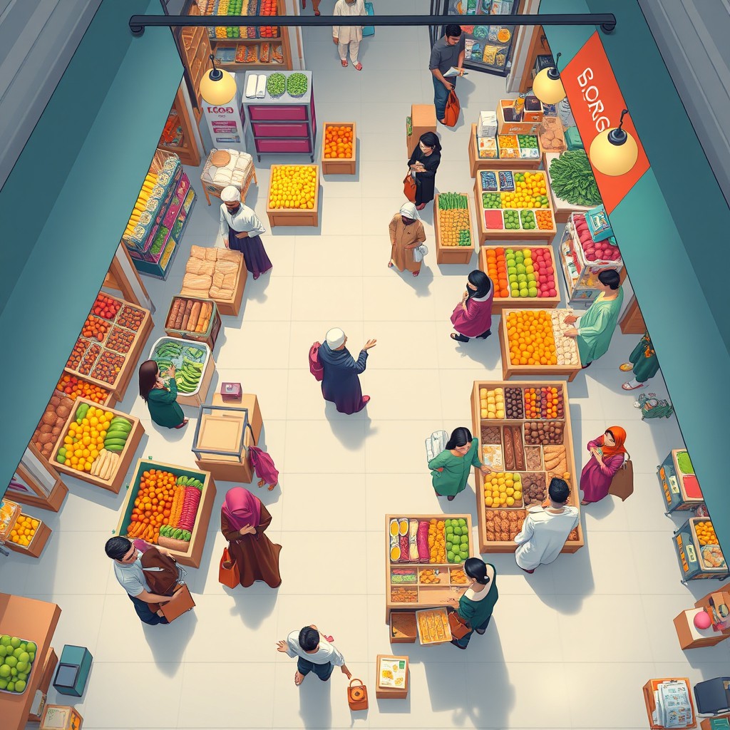 A vibrant cartoon scene depicting a modern Muslim market viewed from a bird's eye perspective