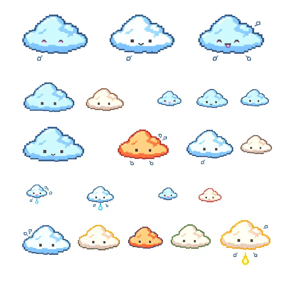 A pixel art spritesheet featuring a square cloud in various animated states and expressions