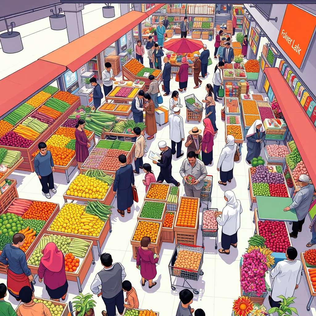 A vibrant and lively cartoon scene depicting a modern Muslim market from a high-angle view