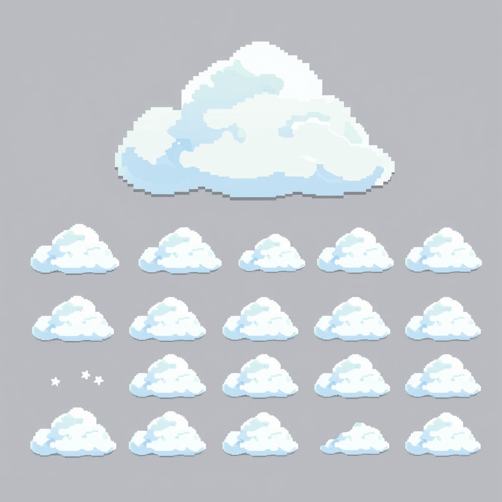 A square cloud designed in pixel art style, showcasing a spritesheet layout