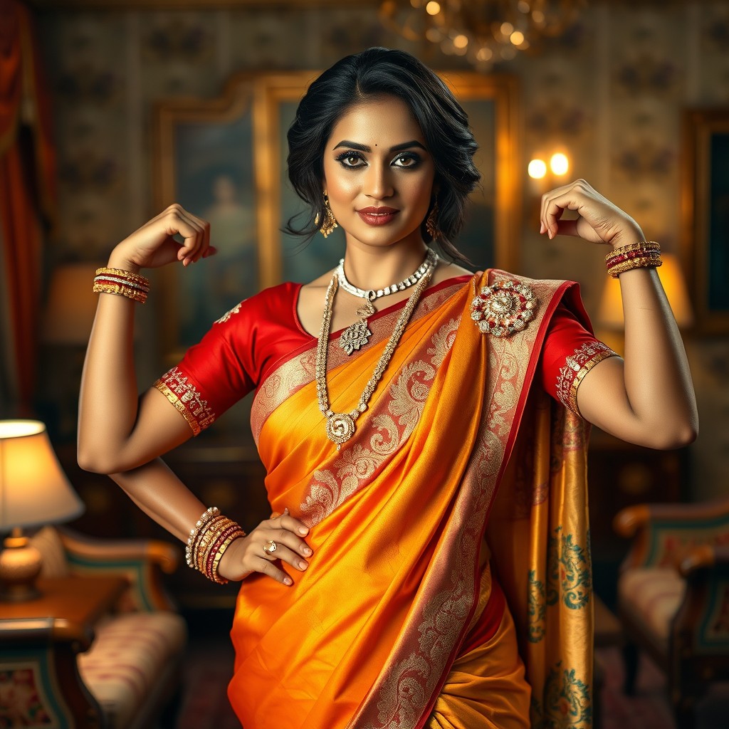 A powerful Indian woman in a traditional yet commanding pose, proudly showcasing her cultural heritage