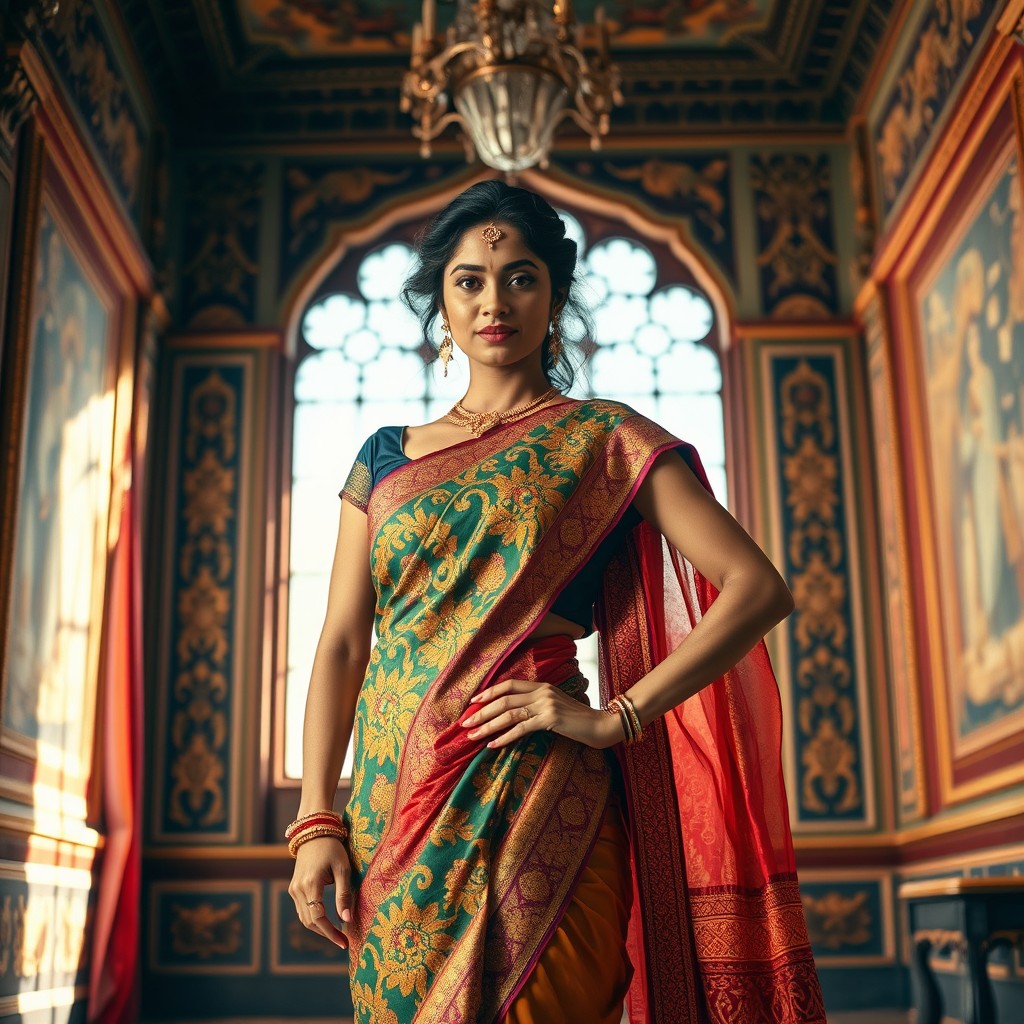 A confident Indian woman dressed in a vibrant, intricately designed saree, exuding strength and charisma