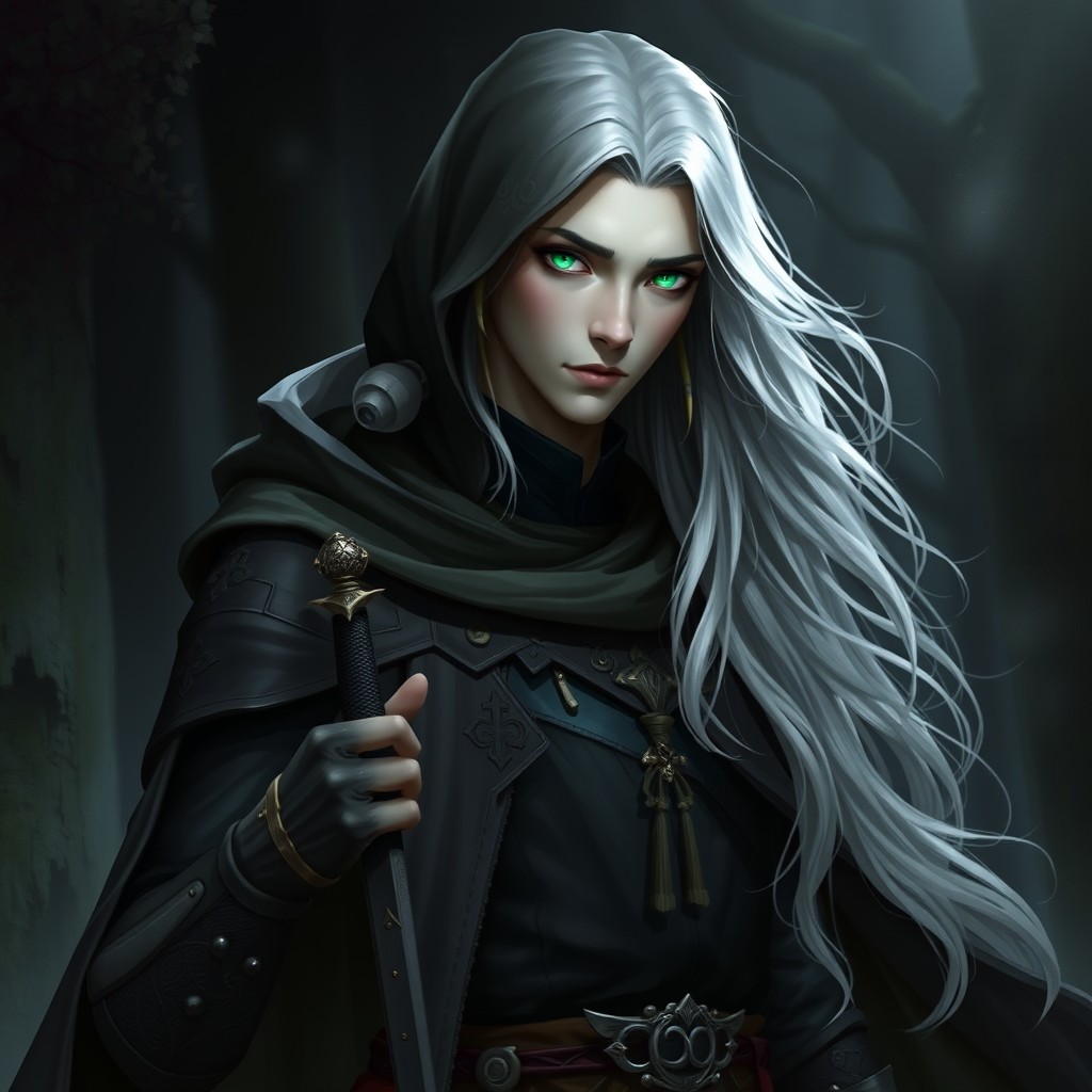 A character design of Daren Umbra, a 118-year-old elven rogue and warlock