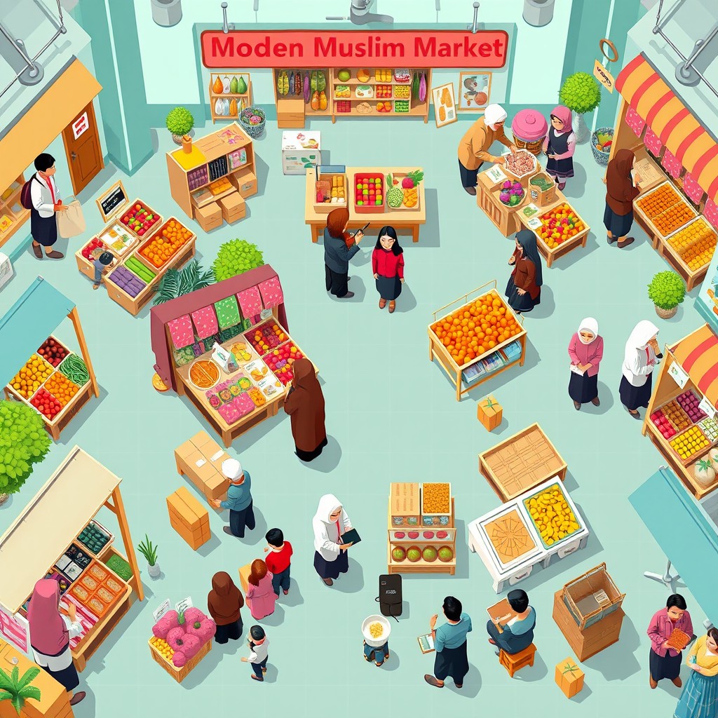 A vibrant cartoon scene depicting a modern Muslim market, showing a wide aerial view to emphasize the spaciousness