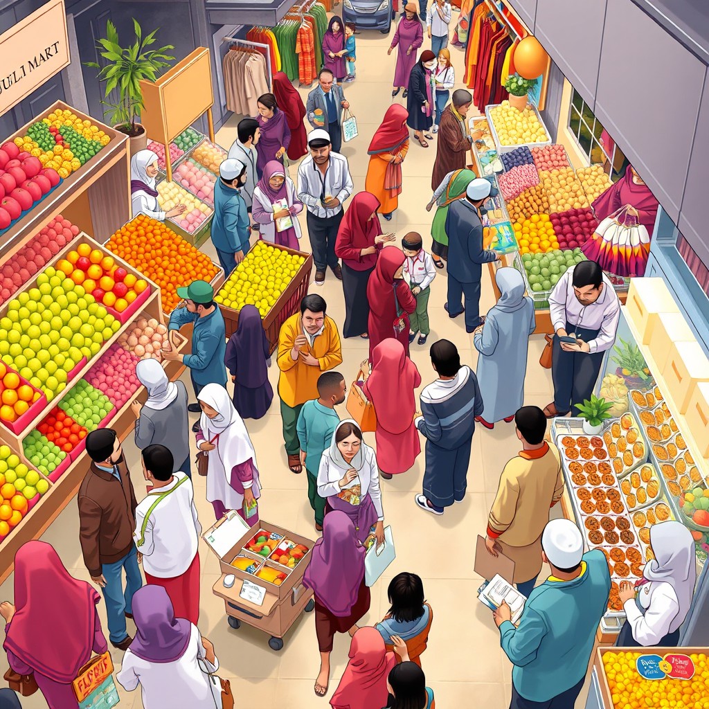 A vibrant cartoon scene depicting a modern Muslim market viewed from a high-angle perspective