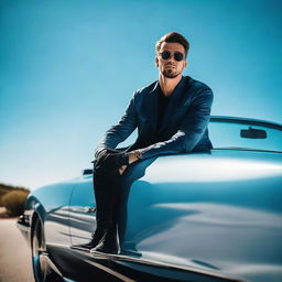 A man casually seated on the hood of a stylish, glossy car under a clear blue sky.