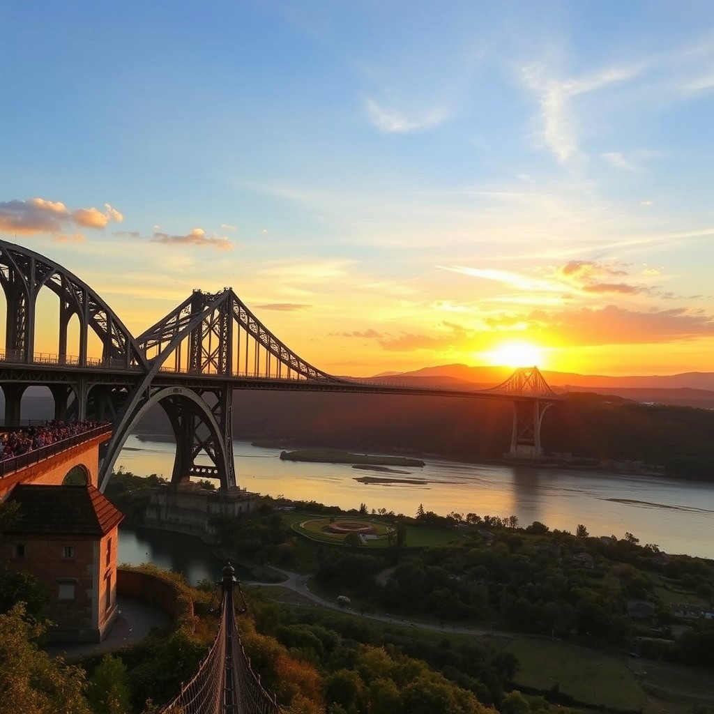 A striking, long bridge stretching across a picturesque landscape, with intricate architecture and a stunning view of the sunset casting a golden hue across the sky