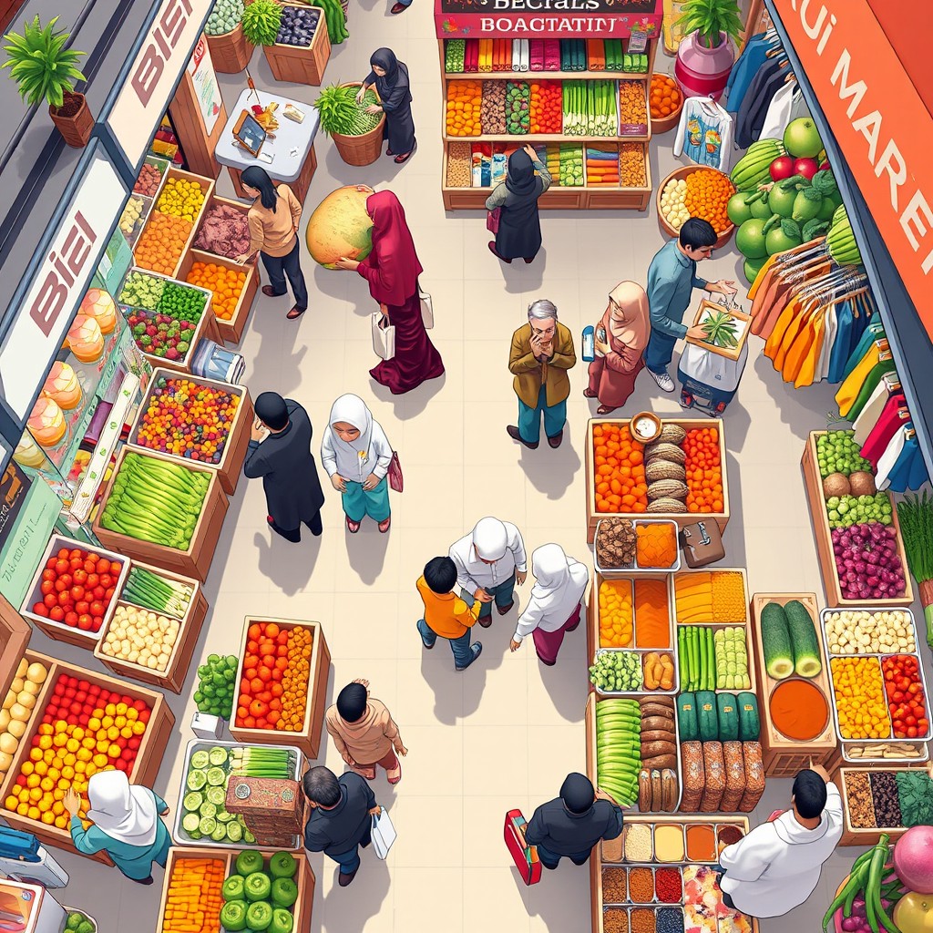 A vibrant, modern cartoon-style scene depicting a busy Muslim market from a bird's eye view