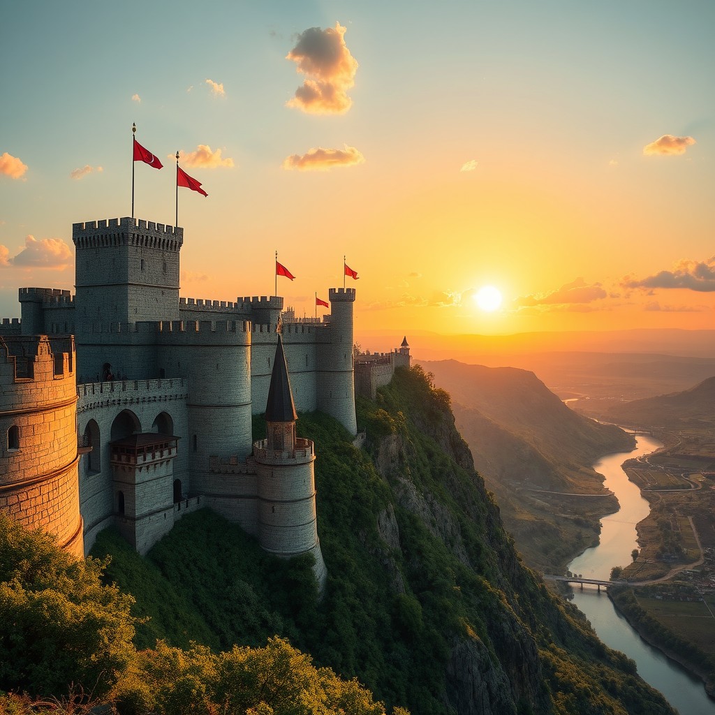 A large, walled medieval city built on the side of a towering cliff, with intricate stone walls, tall towers, and battlements overlooking a vast landscape