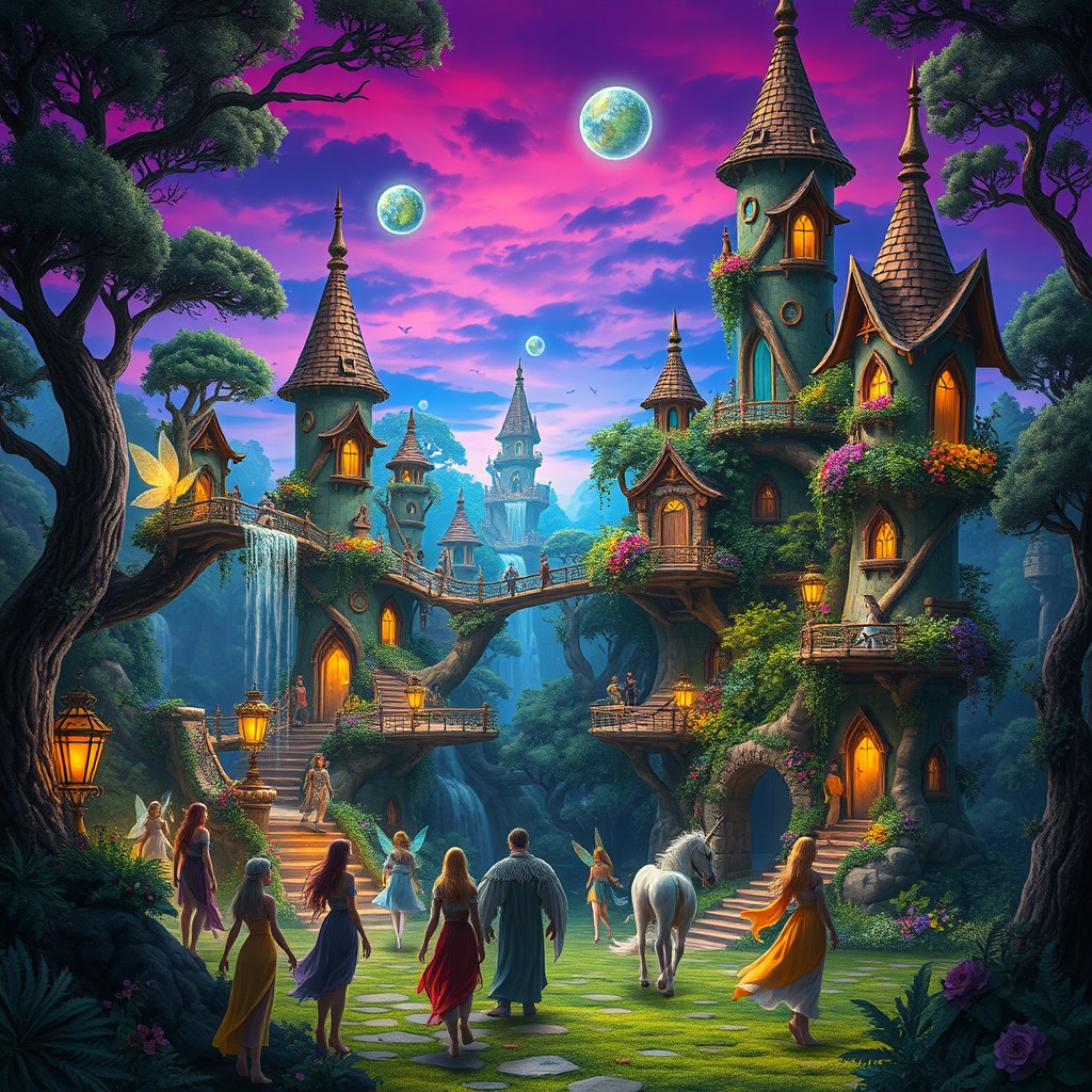A vibrant and enchanting Elf City, set amidst a lush, mystical forest