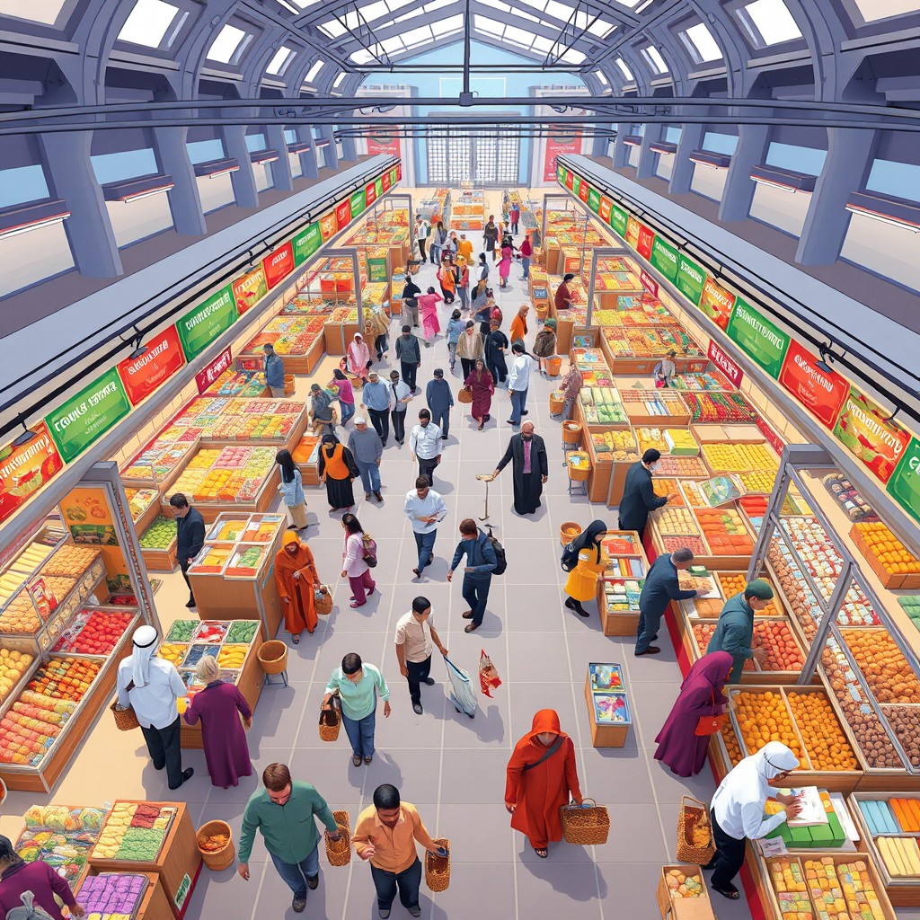 A vibrant and modern Muslim market depicted in a cartoon style from a bird's-eye view perspective, showcasing a spacious market layout