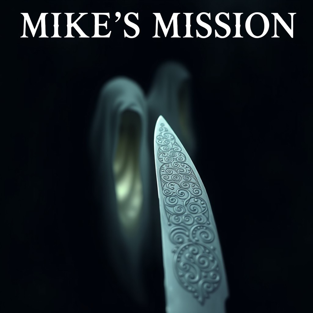 A close-up of a knife with intricate designs, positioned prominently in the foreground