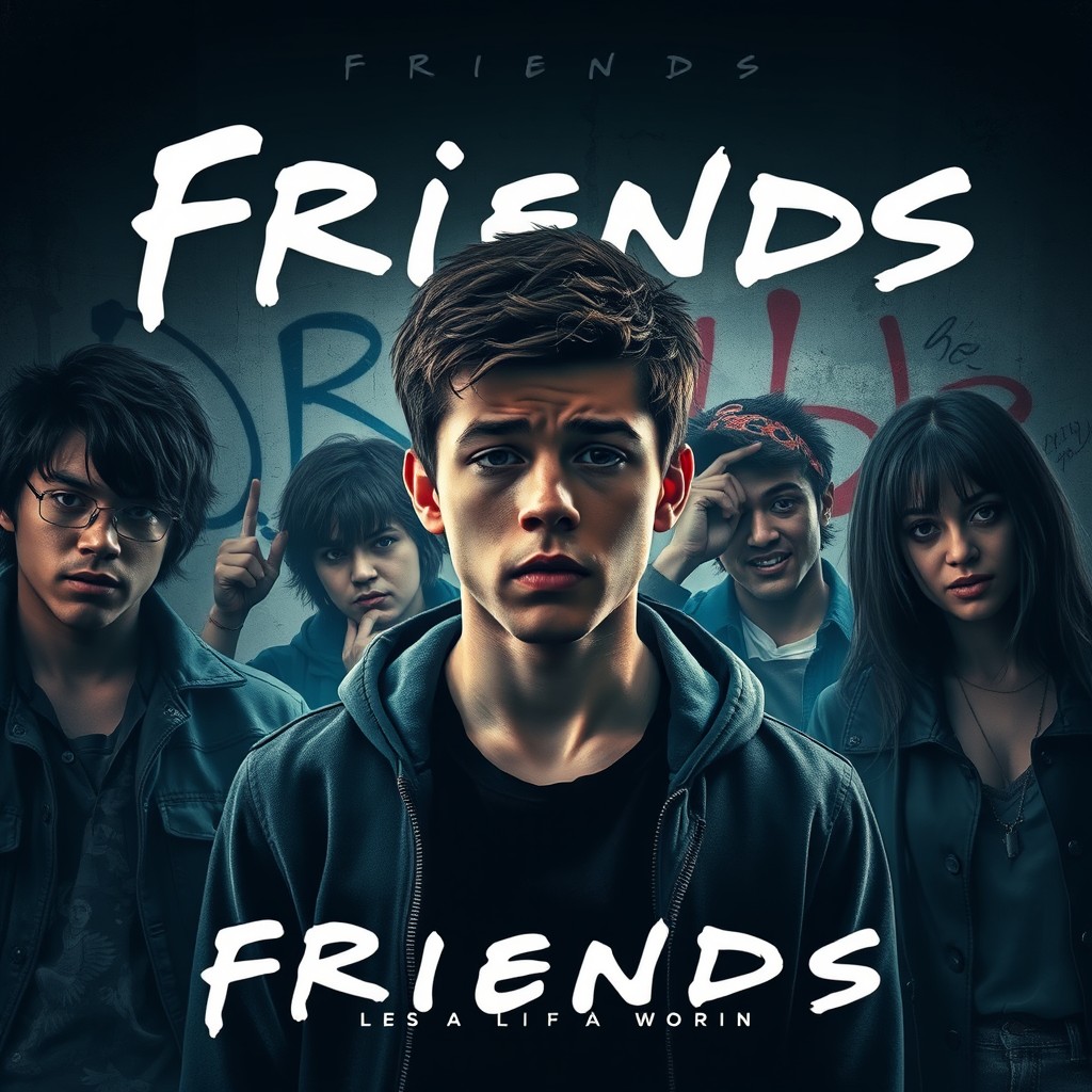 A movie poster titled 'Friends', featuring a young male protagonist surrounded by a group of friends with a mischievous demeanor