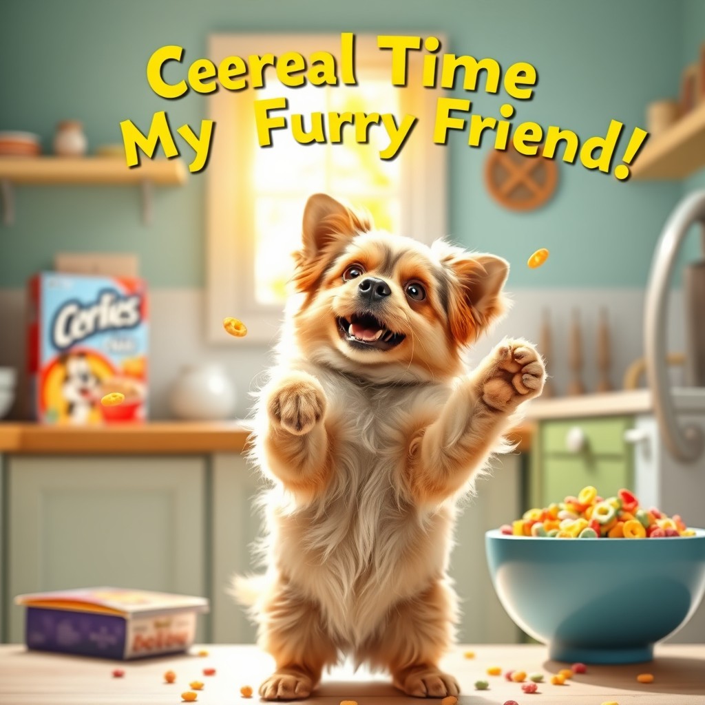 A humorous and playful poster featuring a cute dog standing on its hind legs, enthusiastically eating cereal with its front paws