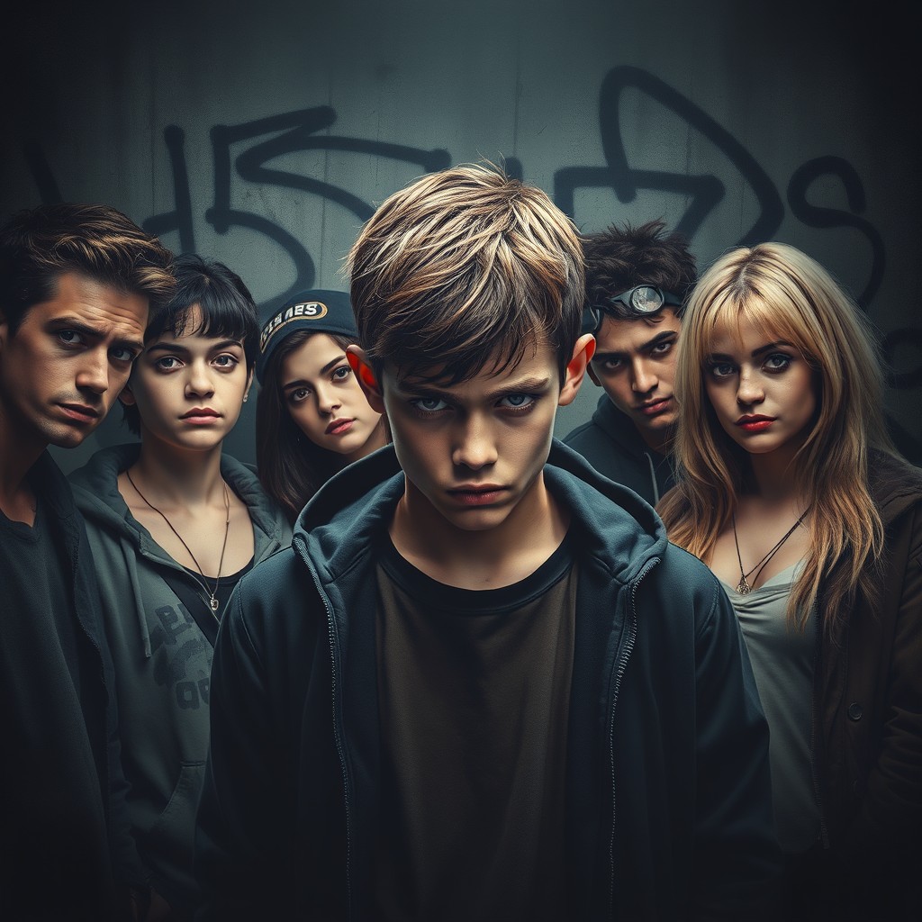 A movie poster featuring a young male protagonist surrounded by a group of friends with a mischievous demeanor