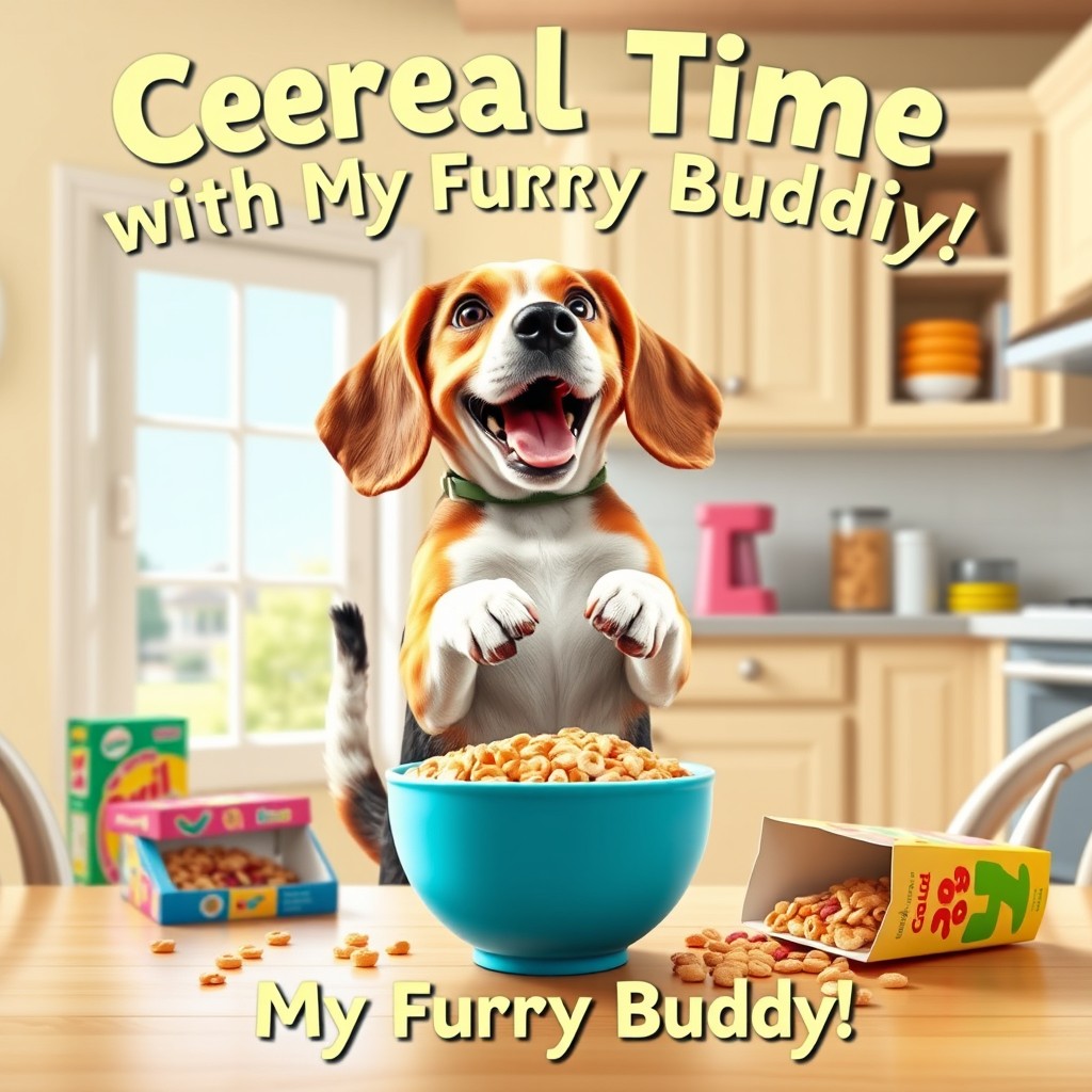 A whimsical poster showcasing a joyful dog standing upright on its hind legs, expertly using its front paws to eat cereal from a colorful bowl