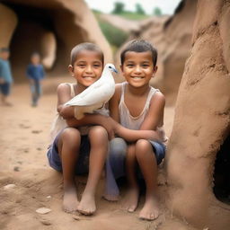 Cheerful children with a white dove resting on their shoulders, standing in the middle of a hole