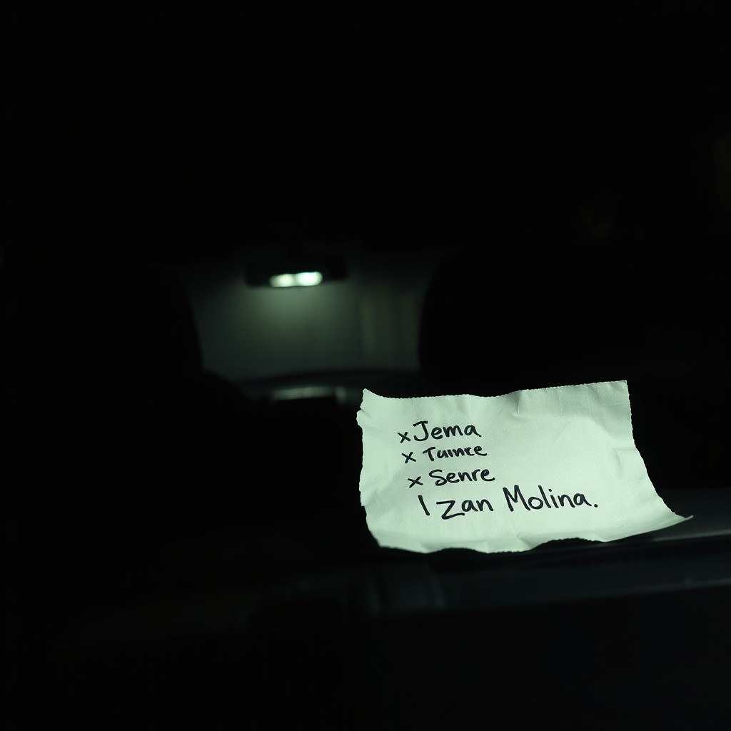 A dark scene inside a parked car in a dimly lit garage