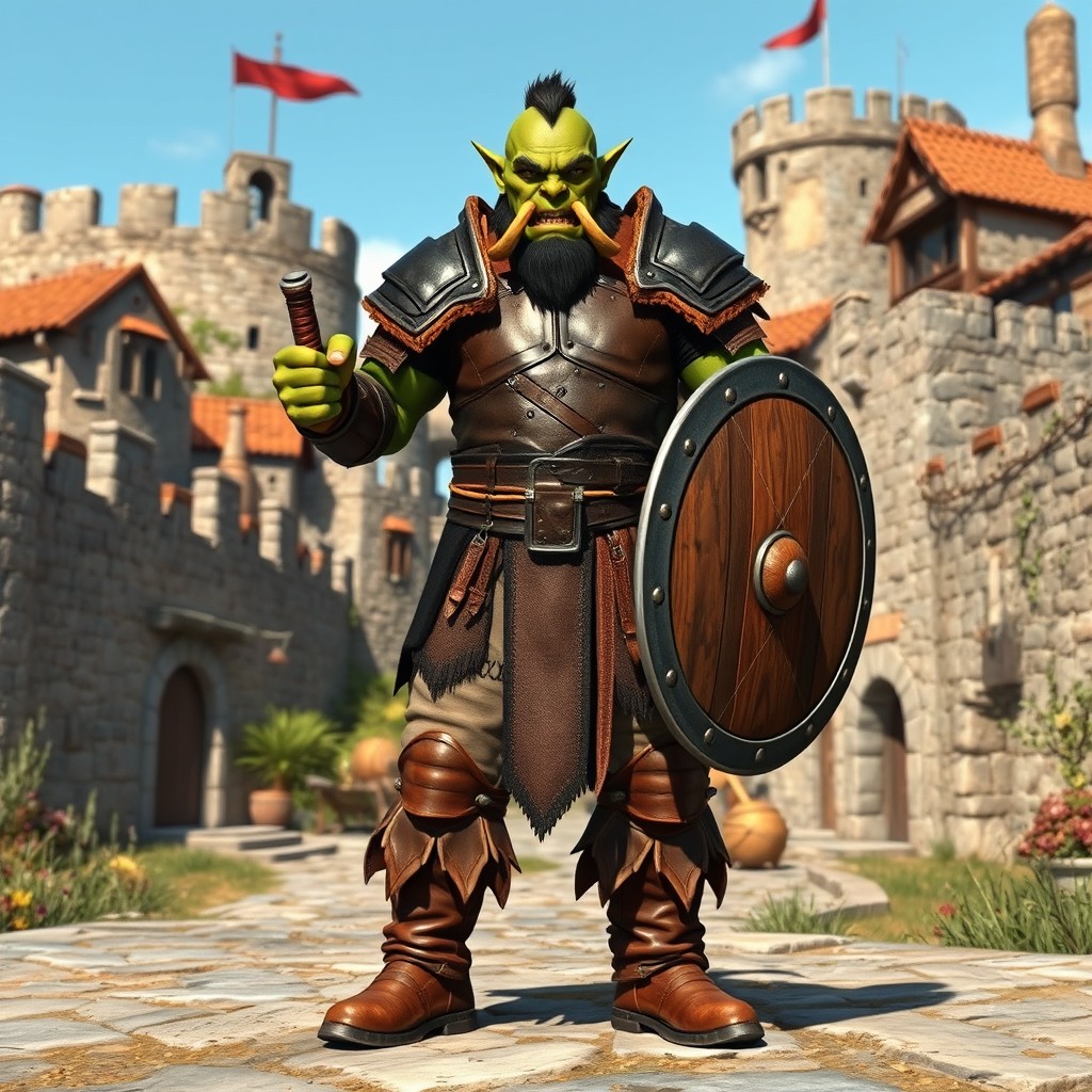 A male orc swordsman standing confidently in front of the stone walls of a small fortified medieval town