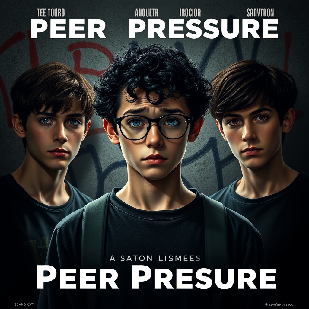 A movie poster featuring a young male protagonist with shy demeanor, blue eyes, curly black hair, and glasses