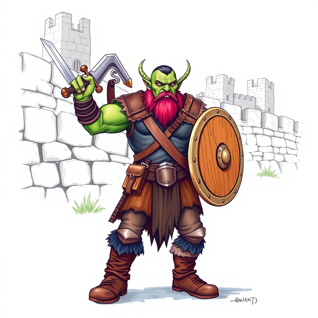 A colorful drawing of a male orc standing in front of the stone walls of a small fortified medieval town
